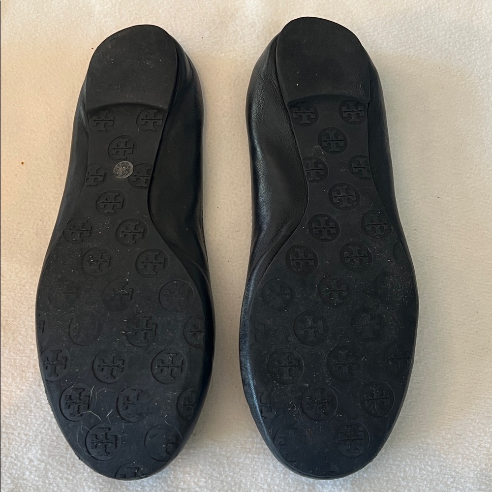 Tory Burch Black Flats with Silver Logo - Picture 2 of 5